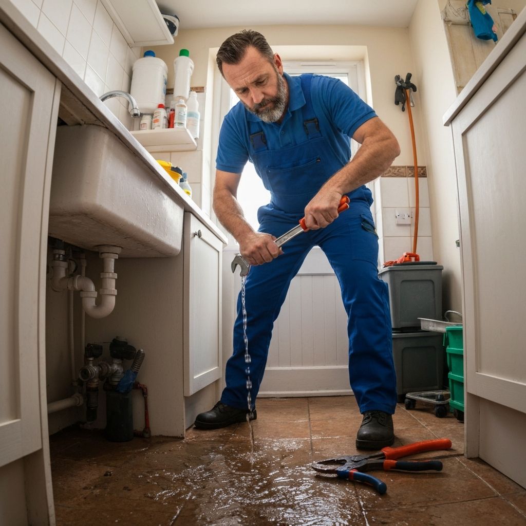 Emergency plumber fixing burst pipe