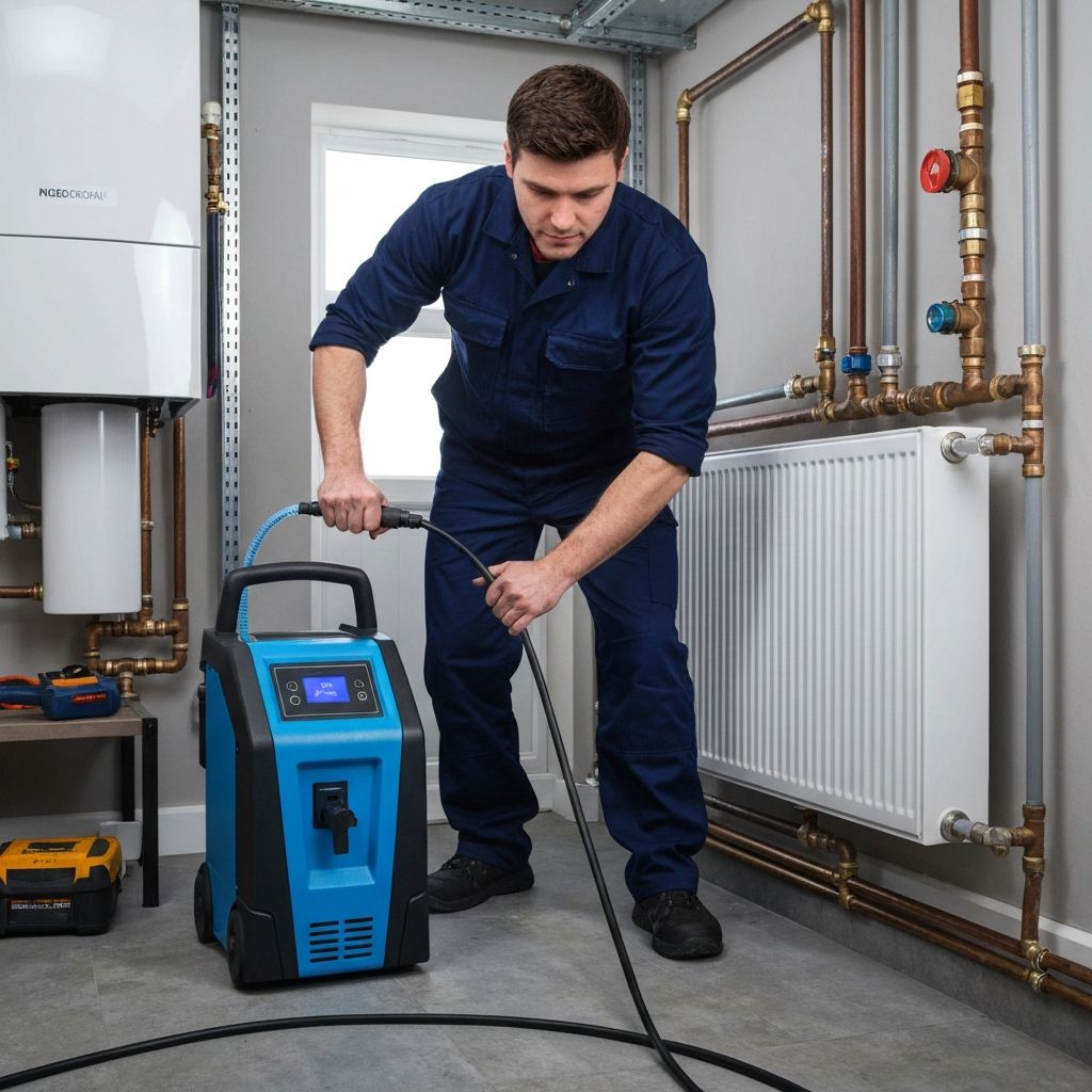 Heating engineer power flushing central heating system with professional equipment