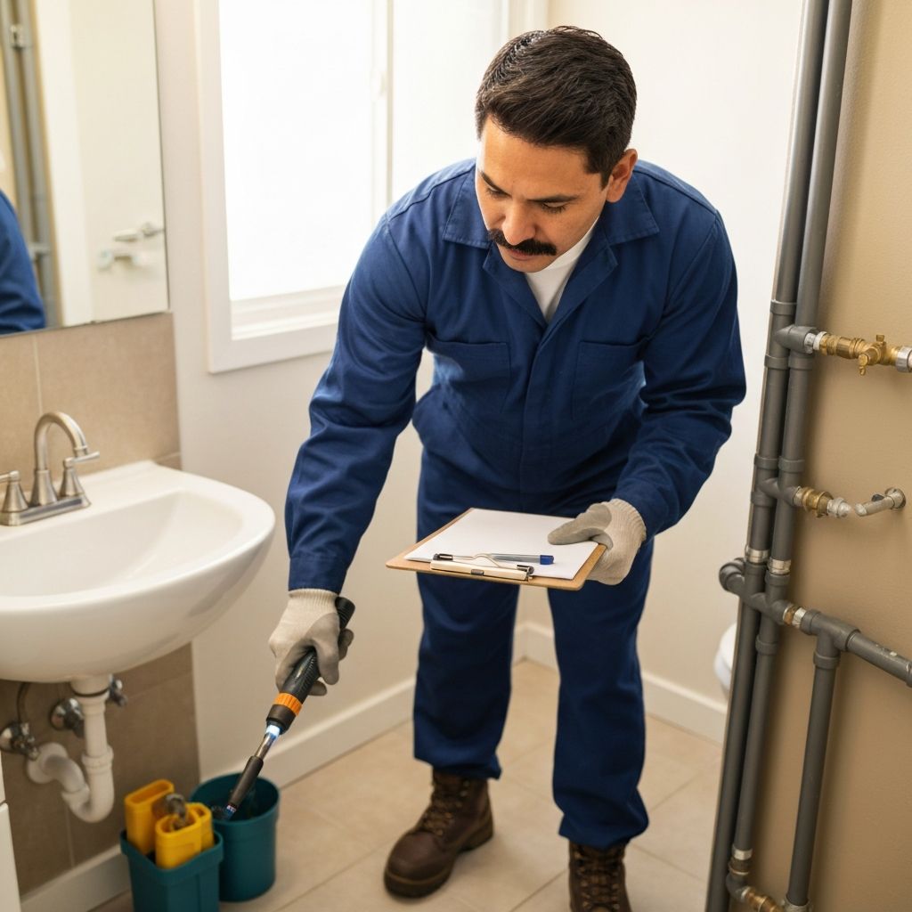 Plumber conducting routine inspection of residential plumbing system