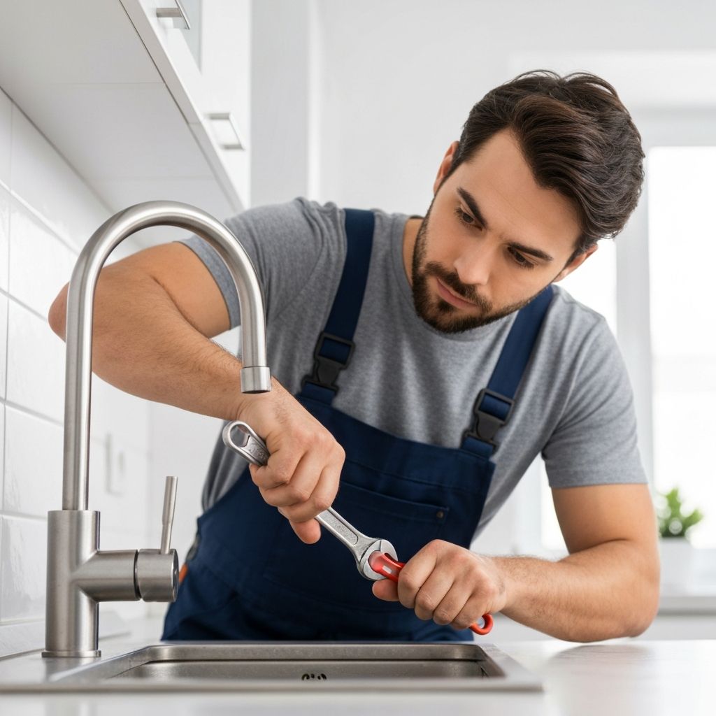 Plumber repairing leaking tap with professional tools