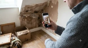 Man taking a photo of water damage on a wall using a smartphone to document an insurance claim after a burst pipe while waiting for a plumber.