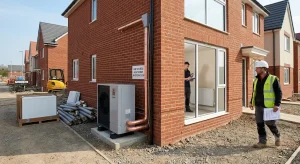 A plumber installing a modern underfloor heating manifold and piping system in a Luton new build home, aligned with Future Homes Standard guidelines.