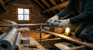 A homeowner installing foam insulation sleeves on exposed copper pipework in a drafty loft in Luton before winter.
