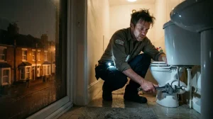 An emergency plumber fixes a leaking toilet at night in a Luton terrace house, showcasing reliable coverage across Bedfordshire.