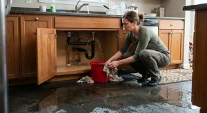 A woman in a flooded kitchen trying to stop a burst pipe, illustrating signs you need an emergency plumber right now.