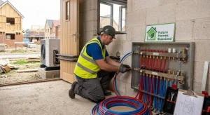 A modern air source heat pump installed outside a new build brick home in Luton, highlighting key plumbing considerations for low-temperature heating systems.