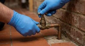 A close-up photo of hands in blue protective gloves testing a brass internal stop tap valve attached to copper pipework against a brick wall. This represents what Luton's water supplier wants you to know about your pipework and emergency plumbing.