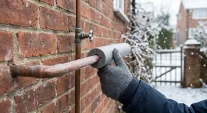 A close-up of hands fitting thick foam lagging onto an outdoor copper water pipe on a red brick wall during a light snowfall in Luton.