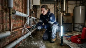 Emergency plumber fixing burst copper pipe in a Luton basement to prevent flooding.
