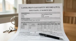 Completed Landlord Gas Safety Certificate CP12 form on a wooden table in a Luton property, next to house keys and a pen.