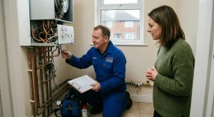 Professional Luton plumber conducting a safety inspection and checklist review on a home boiler system.