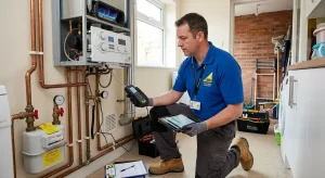 Gas Safe registered engineer inspecting a boiler and gas meter for a landlord gas safety certificate in Luton.