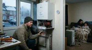 An emergency heating technician inspecting a broken boiler during a severe winter cold snap to restore warmth to a freezing Luton home.