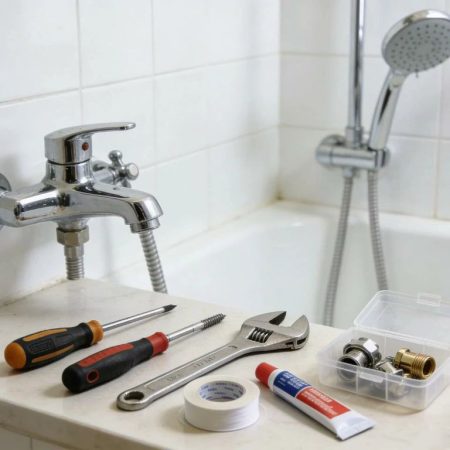 lumbing tools beside a bath tap, same day plumber repairs in Luton