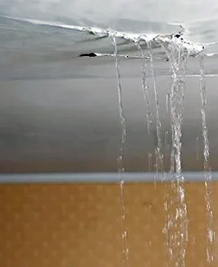 Water leaking through a ceiling from a burst pipe in Luton